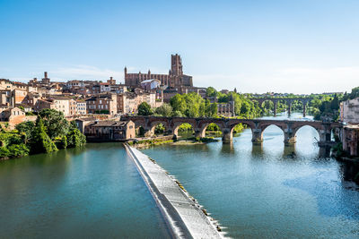 Bridge over river against buildings in city