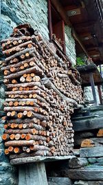 Stack of logs against wall