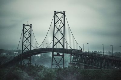 Low angle view of suspension bridge against sky