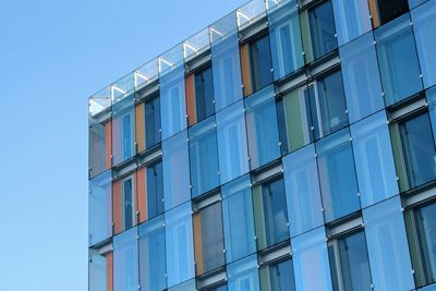 Low angle view of modern building against clear blue sky