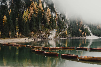 Scenic view of lake by trees against mountains