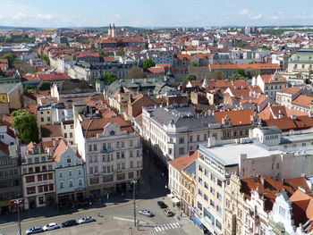 High angle view of buildings in city