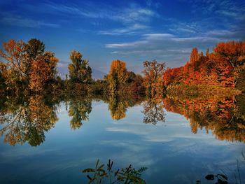 Reflection of trees in lake against sky during autumn