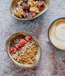 Directly above shot of breakfast served on table