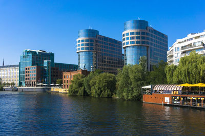 View of cityscape against clear blue sky