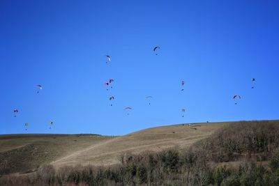 Flock of birds flying over landscape against clear blue sky