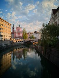 Bridge over canal amidst buildings in city against sky