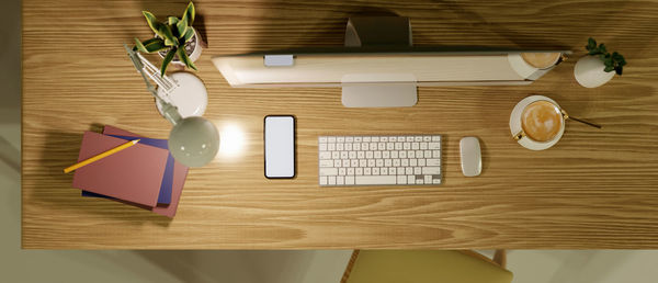 High angle view of objects on table