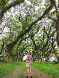 Low angle view of woman standing on tree