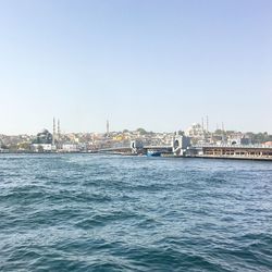 City at waterfront against clear sky