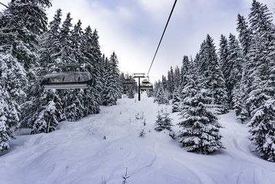 Overhead cable car over snow covered land