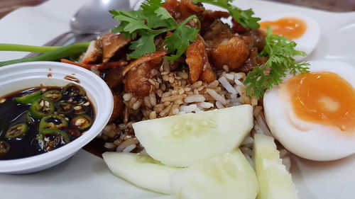 High angle view of meal served on table