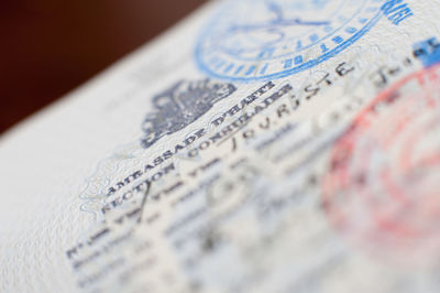 Close-up of stamped passport