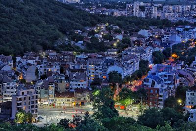 High angle view of town at night