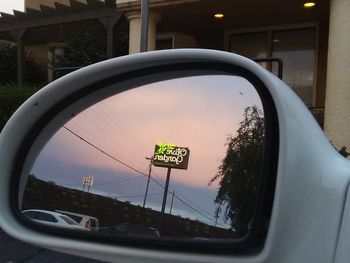 Reflection of trees on side-view mirror of car