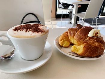 High angle view of breakfast served on table