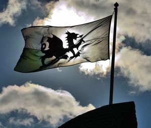 Low angle view of flag against sky