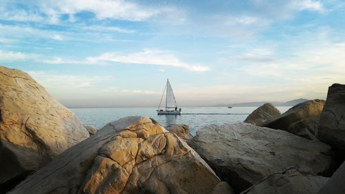 Sailboats sailing on sea against sky