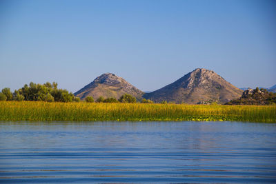 Scenic view of lake against clear blue sky