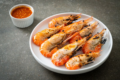 Close-up of seafood in plate on table