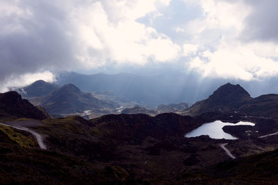 Scenic view of mountains against cloudy sky
