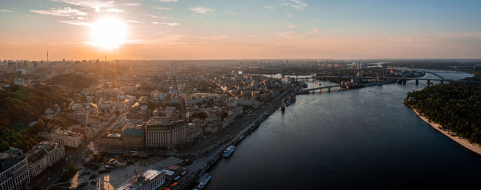 Beautiful sunset over kyiv city from above.