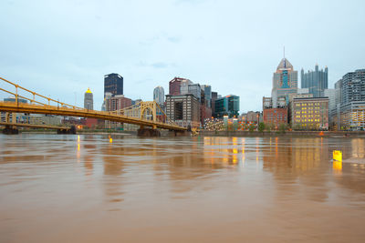 Pittsburgh, pennsylvania, united states - skyline and roberto clemente bridge over allegheny river.