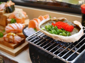 High angle view of crab on barbecue grill