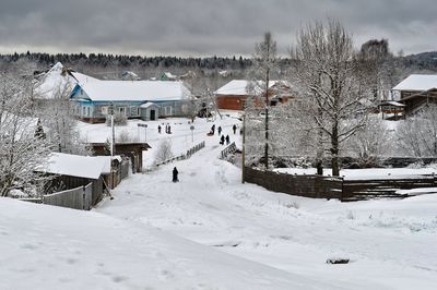 Snow covered trees and buildings against sky