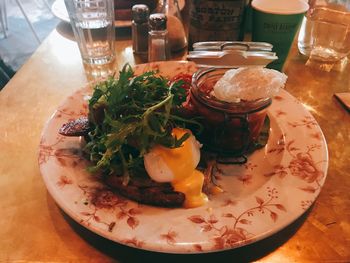 High angle view of food served on table