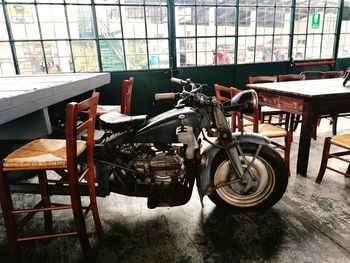 Empty chairs and tables in restaurant