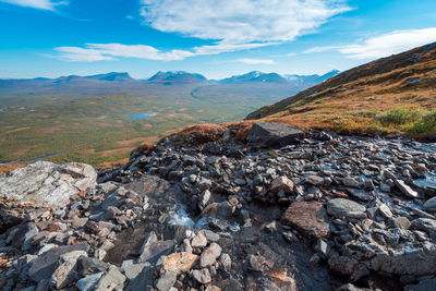 Aerial view of rocks in mountains against sky