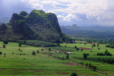 Scenic view of farm against sky