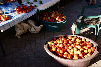 High angle view of fruits for sale at market stall