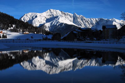 Scenic view of snow covered mountains against sky