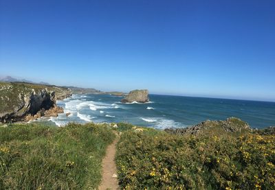 Scenic view of sea against clear blue sky