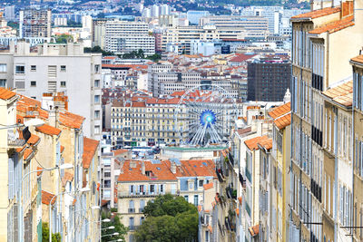 High angle view of buildings in city