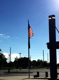 Low angle view of american flag against sky