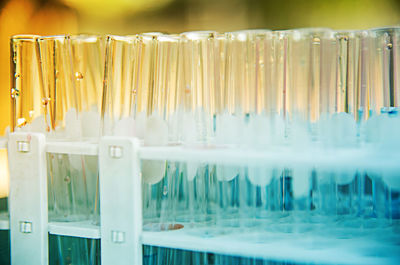 Close-up of empty test tubes in rack