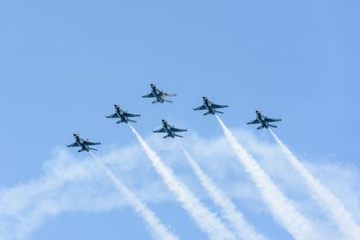 Low angle view of airshow against clear sky on sunny day