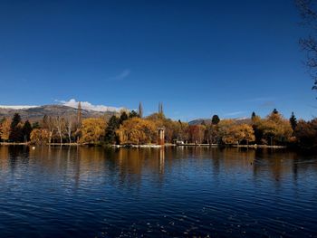 Scenic view of lake against clear blue sky