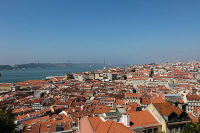 High angle shot of townscape against clear sky