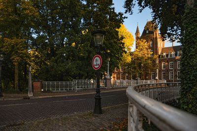 Road sign by trees in city