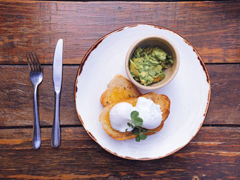 High angle view of breakfast served on table