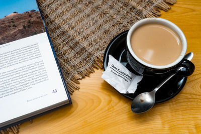 High angle view of coffee on table