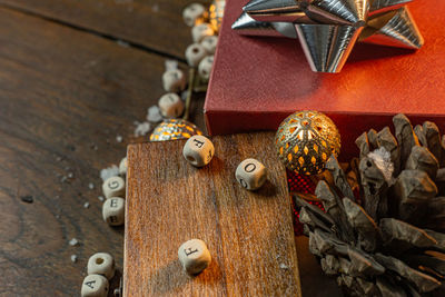 Close-up of christmas decoration on table