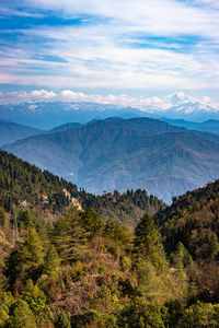 Multilayer mountain range of himalaya with valley view and amazing sky at day from flat angle