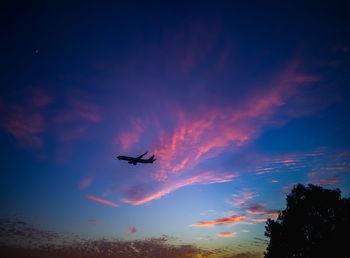 Low angle view of silhouette airplane against sky during sunset