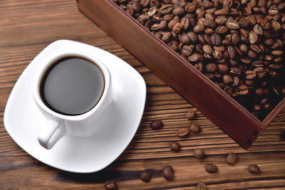 High angle view of coffee cup on table