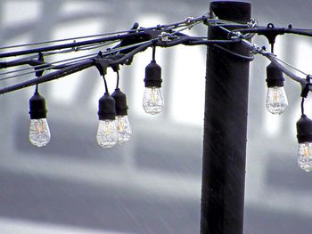 Close-up of hanging against sky